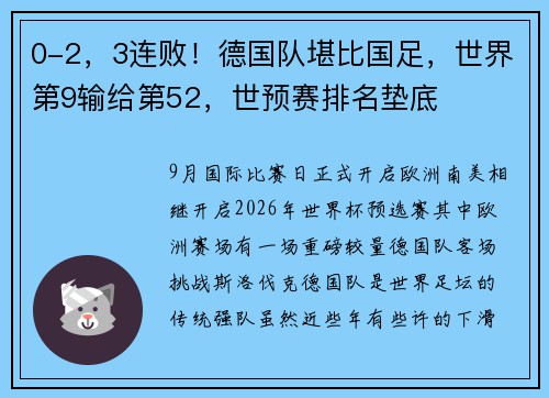0-2，3连败！德国队堪比国足，世界第9输给第52，世预赛排名垫底
