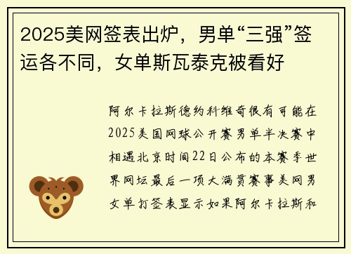 2025美网签表出炉，男单“三强”签运各不同，女单斯瓦泰克被看好